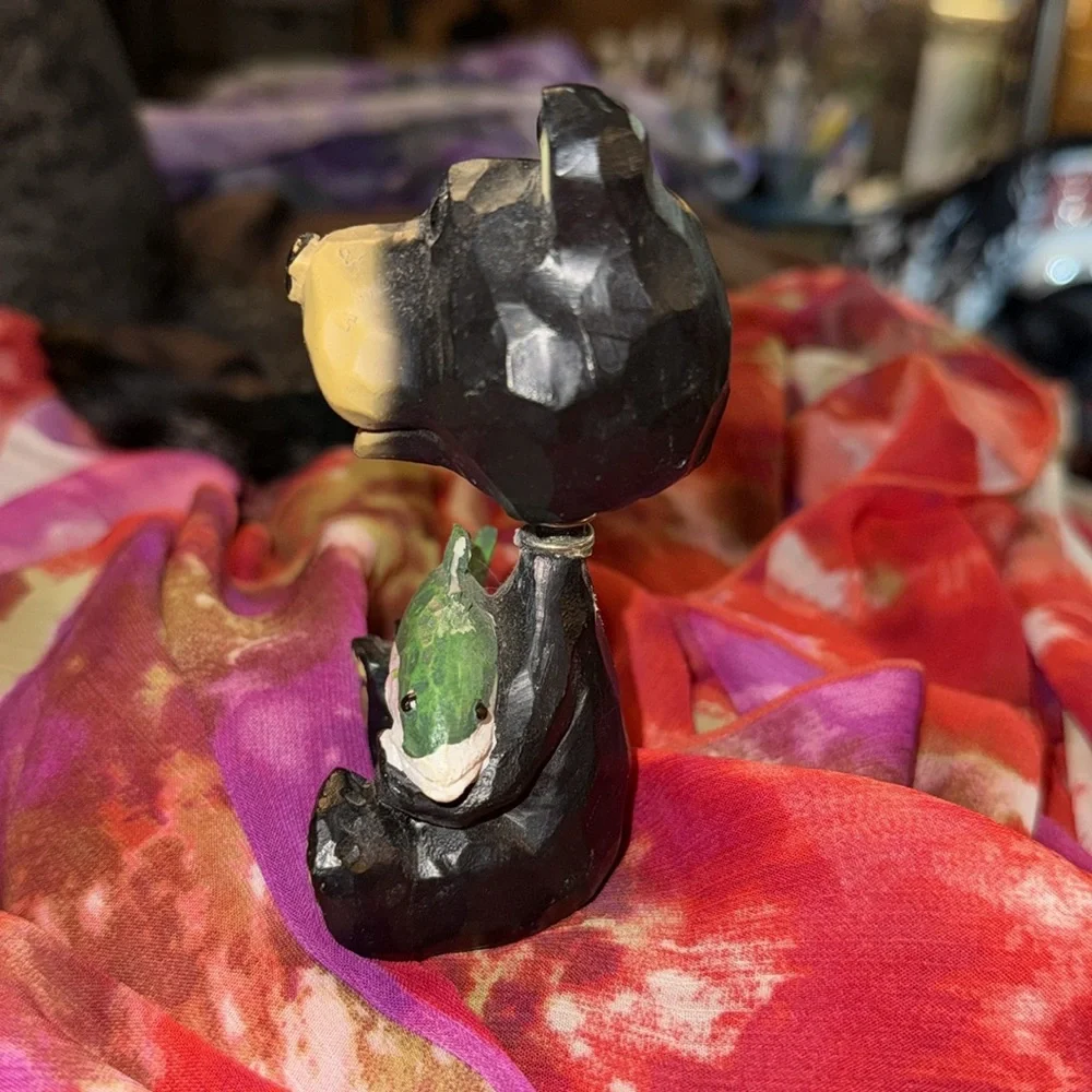 Black Bear with Fish Figurine - Black and Green BOBBLE HEAD NEW